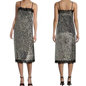 Gianni Bini Silver Sequin Midi Slip Dress with Black Lace Trim
